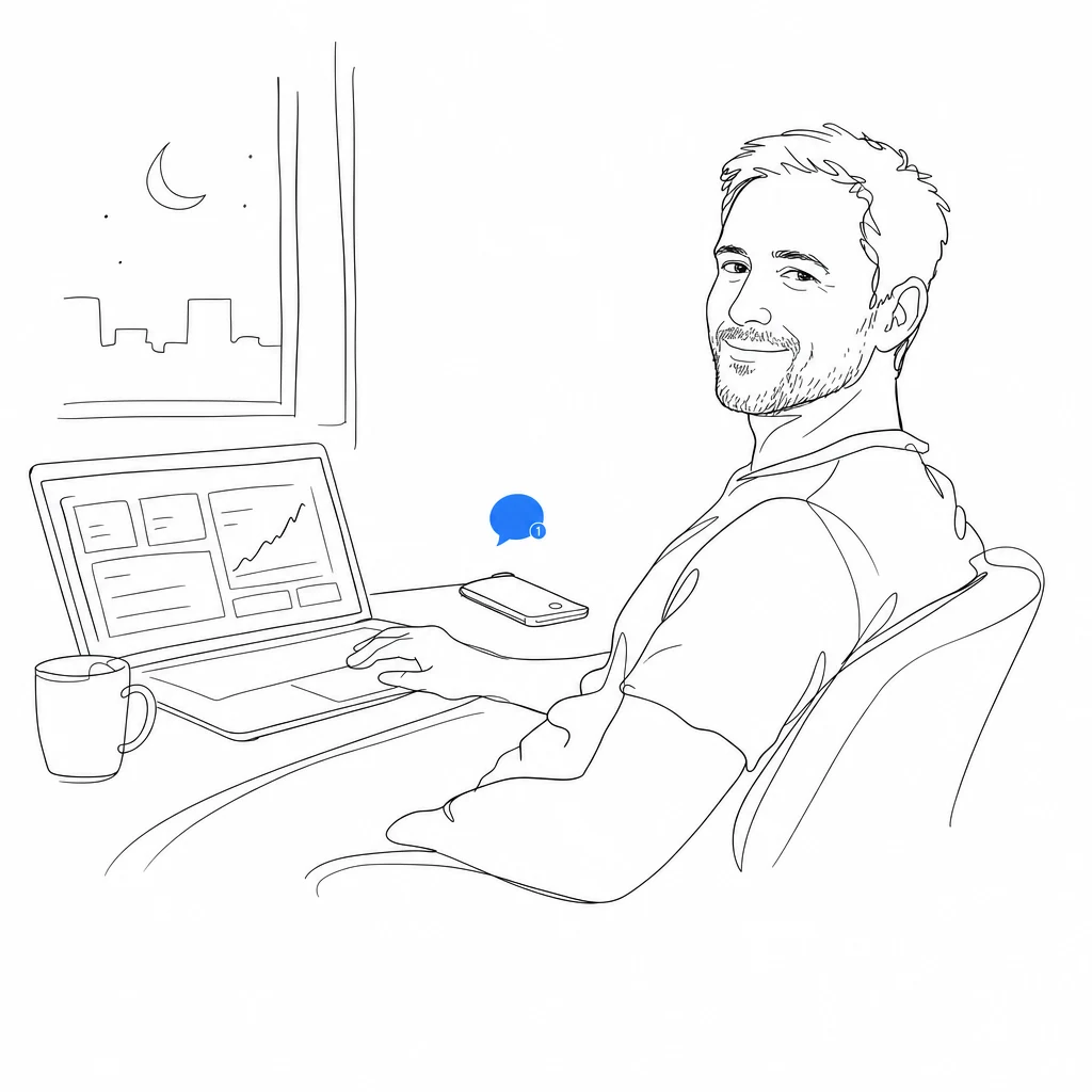 Strichzeichnung: Anton, der Erfinder der Methode, nachts entspannt am Schreibtisch — auf dem Laptop ein Anzeigen-Dashboard, daneben das Handy mit einer neuen Nachricht